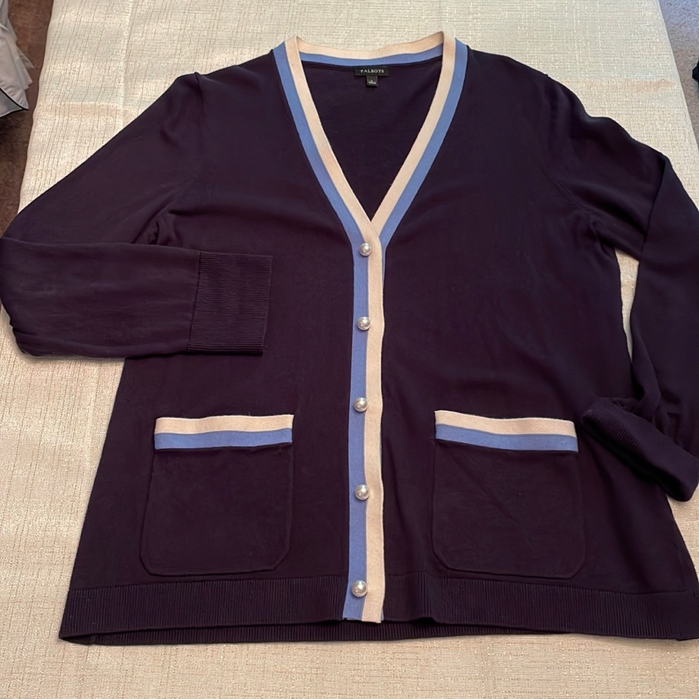 Talbots Navy & Pearl Boyfriend Cardigan with Pockets, L